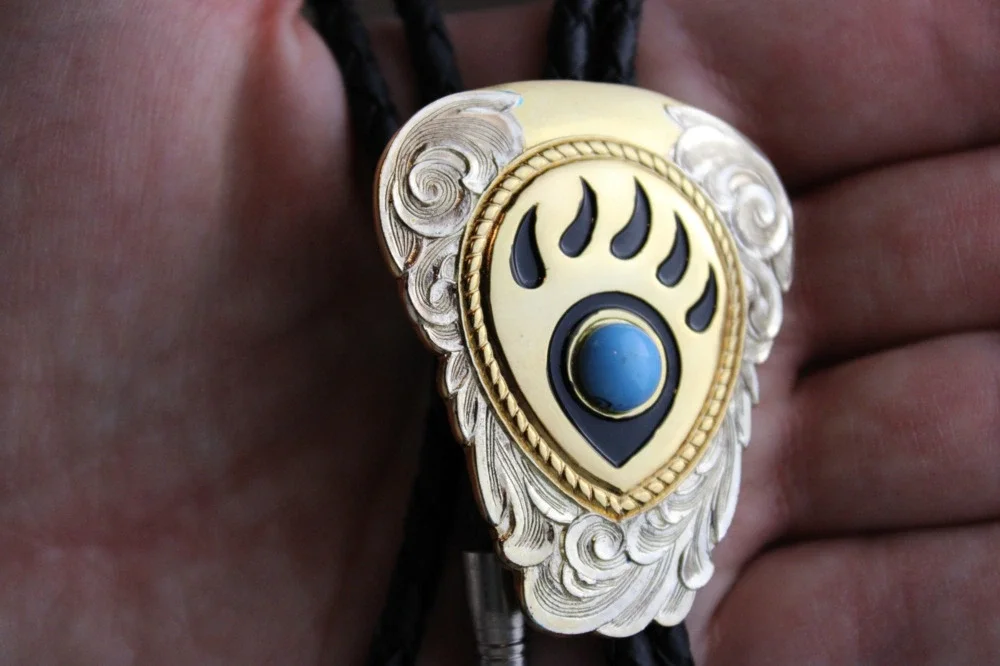 Vintage Brass Bear Paw Turquoise Bolo Tie – Leather Cord – Taiwan Western